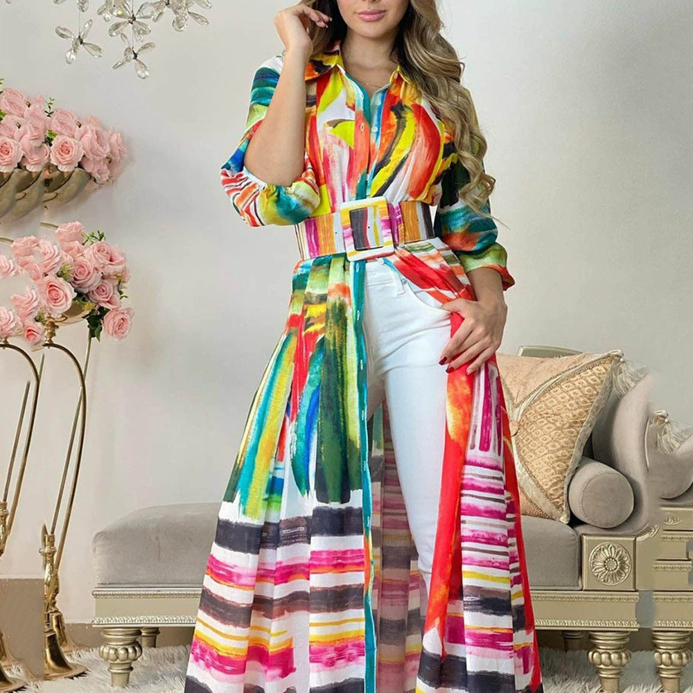 ZARA Autumn Colorful Printed Tie Belt Long Shirt Dress Loose Cardigan Maxi Dress